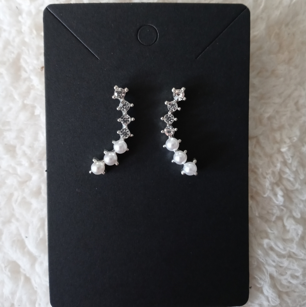 Pearl / CZ silver climber earrings